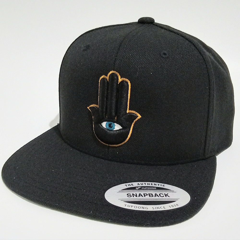 Hamsa Hand 3rd Eye 3D Embroidered Black Snapback Hat Flat Bill 6 Panel Yupoong
